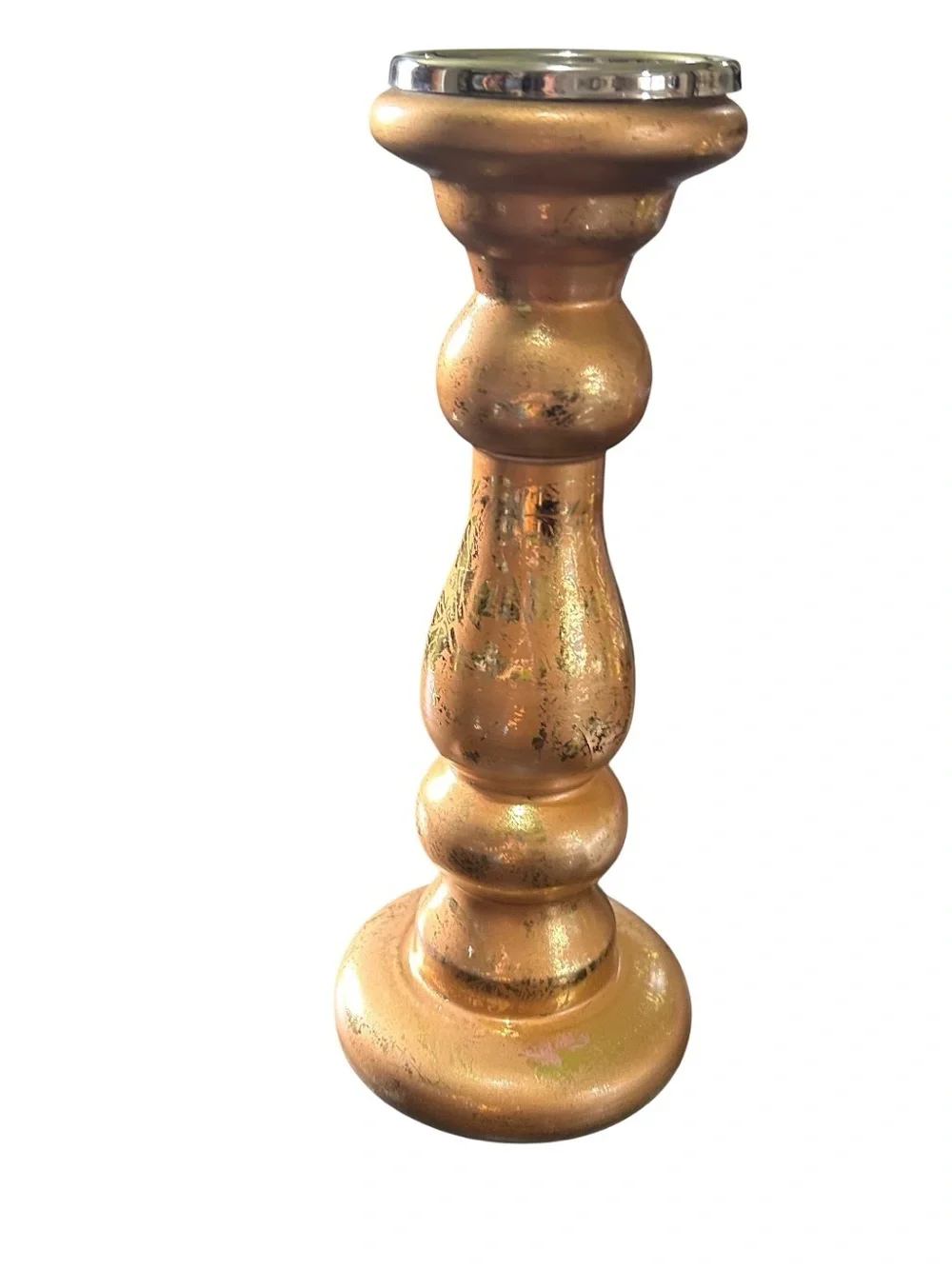 Glass Candle Pillar Metallic Gold Textured Look 12” New